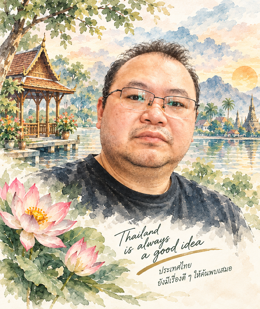 Anuwat als Aquarellillustration vor einer thailändischen Landschaft